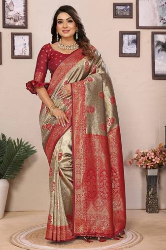 Maroon banarasi tissue silk blend zari woven saree