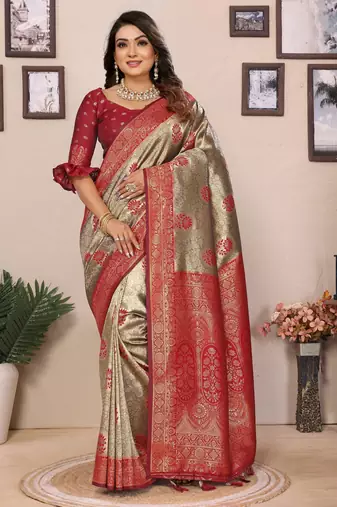 Maroon banarasi tissue silk blend zari woven saree