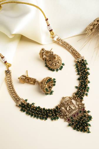 Gold plated green hydra beads barati necklace set