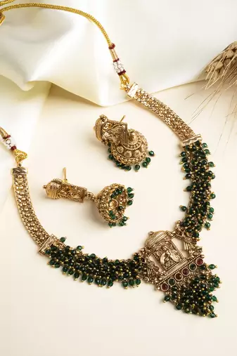 Gold plated green hydra beads barati necklace set