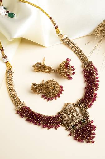 Gold plated red hydra beads barati necklace set