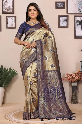 Blue banarasi tissue silk blend zari woven saree