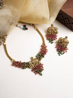 Gold plated gaj necklace set with red green hydra beads 1