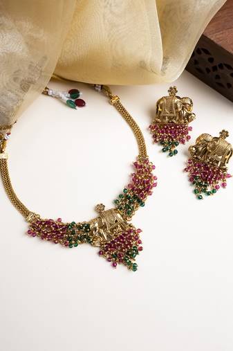 Gold plated gaj necklace set with red green hydra beads