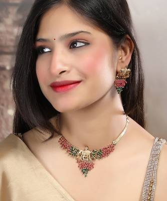 Gold plated gaj necklace set with red green hydra beads 2