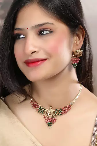 Gold plated gaj necklace set with red green hydra beads