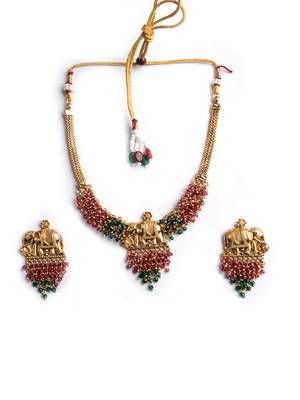 Gold plated gaj necklace set with red green hydra beads 3