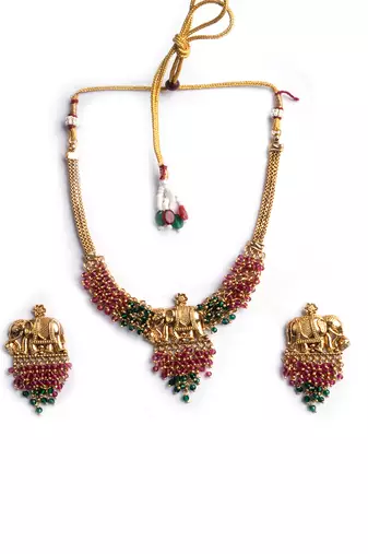 Gold plated gaj necklace set with red green hydra beads