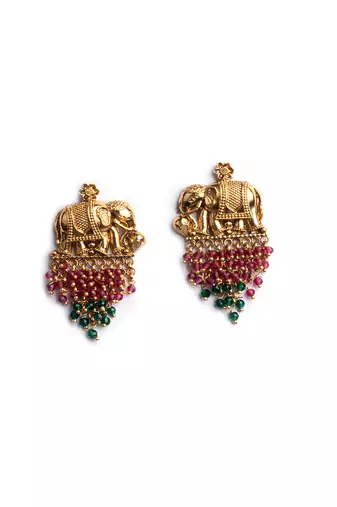 Gold plated gaj necklace set with red green hydra beads