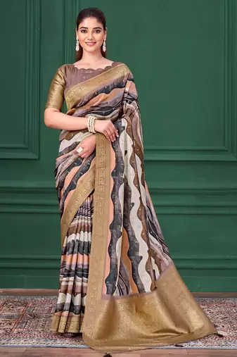 Lilac purple tussar silk blend woven printed saree