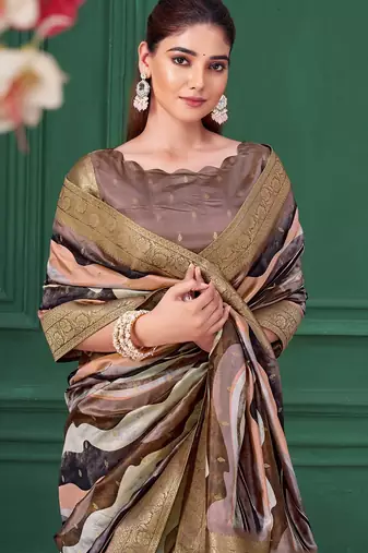 Lilac purple tussar silk blend woven printed saree