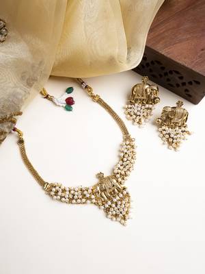 Gold plated gaj necklace set with white hydra beads 1