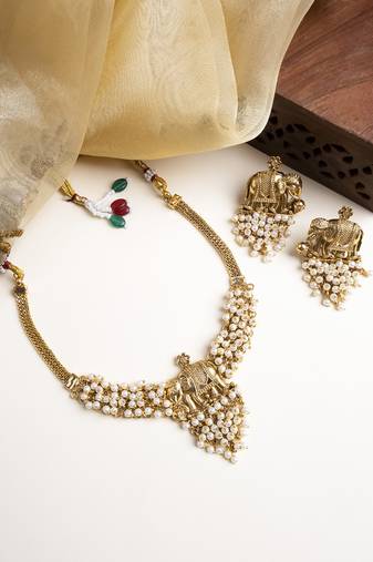Gold plated gaj necklace set with white hydra beads
