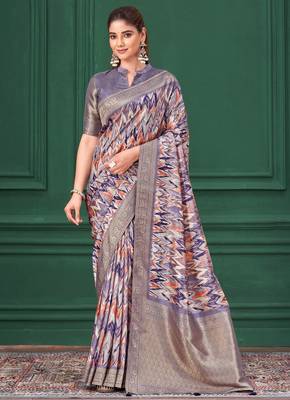 Purple tussar silk blend woven printed saree 1