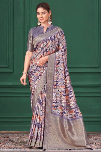 Purple tussar silk blend woven printed saree