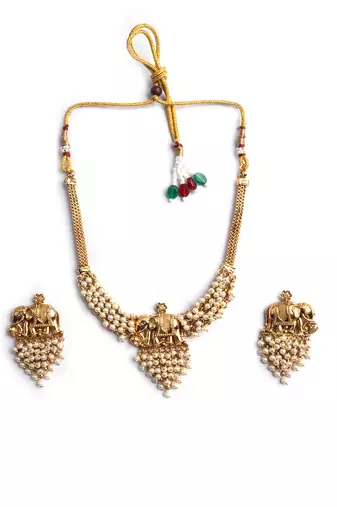 Gold plated gaj necklace set with white hydra beads