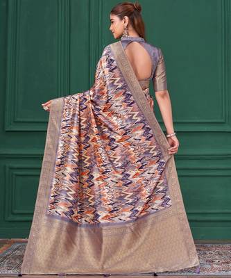 Purple tussar silk blend woven printed saree 2