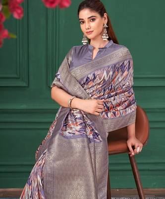Purple tussar silk blend woven printed saree 3