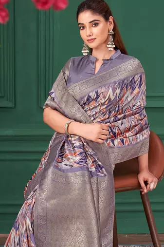 Purple tussar silk blend woven printed saree