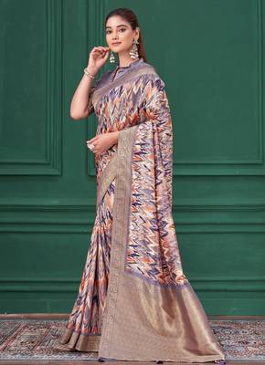 Purple tussar silk blend woven printed saree 4