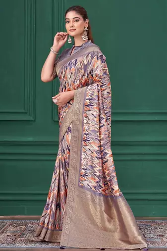 Purple tussar silk blend woven printed saree