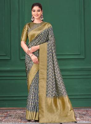 Grey tussar silk blend woven printed saree 1