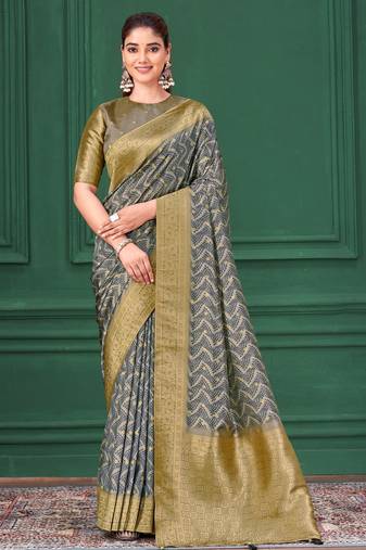 Grey tussar silk blend woven printed saree