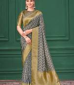 Grey tussar silk blend woven printed saree