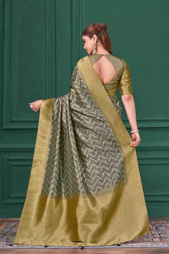 Grey tussar silk blend woven printed saree