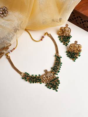 Gold plated gaj necklace set with green hydra beads 1