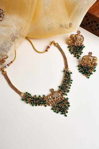 Gold plated gaj necklace set with green hydra beads