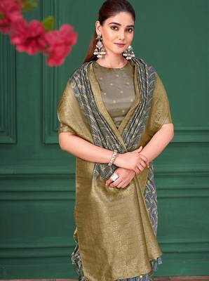 Grey tussar silk blend woven printed saree 3