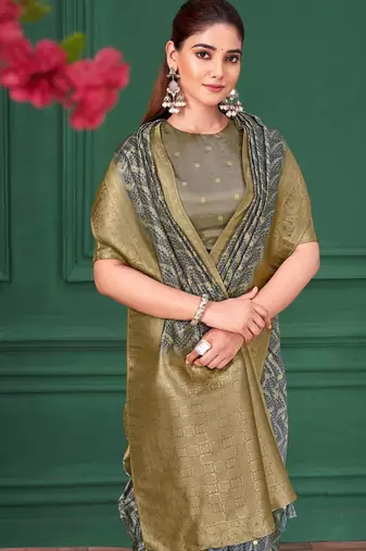 Grey tussar silk blend woven printed saree