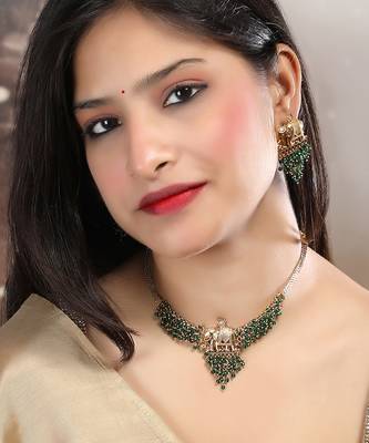 Gold plated gaj necklace set with green hydra beads 2