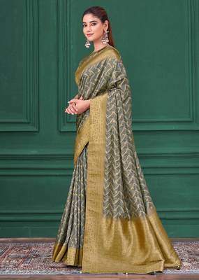 Grey tussar silk blend woven printed saree 4