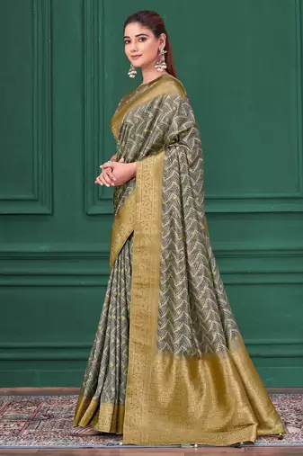 Grey tussar silk blend woven printed saree