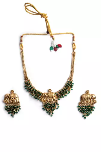 Gold plated gaj necklace set with green hydra beads