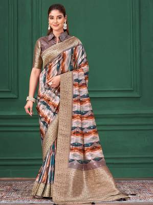 Lilac purple tussar silk blend woven printed saree 1