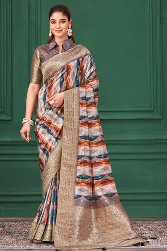 Lilac purple tussar silk blend woven printed saree