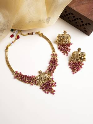 Gold plated gaj necklace set with red hydra beads 1