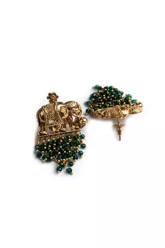 Gold plated gaj necklace set with green hydra beads