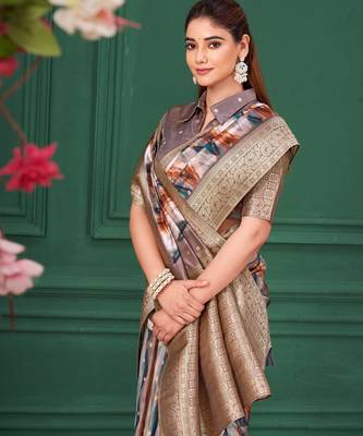 Lilac purple tussar silk blend woven printed saree 3