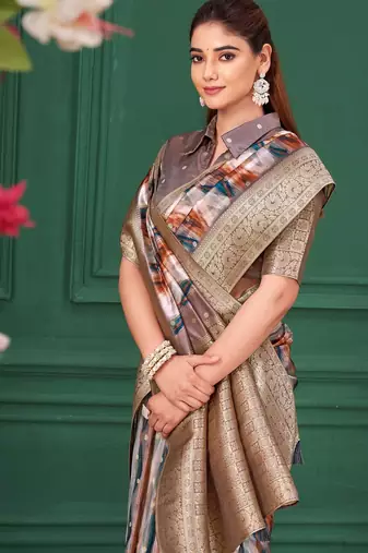 Lilac purple tussar silk blend woven printed saree