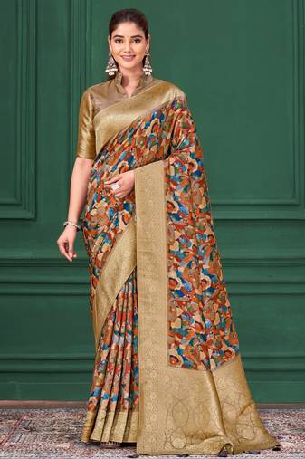Chiku tussar silk blend woven printed saree