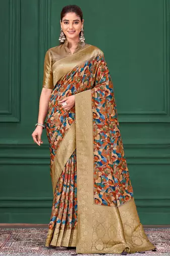 Chiku tussar silk blend woven printed saree