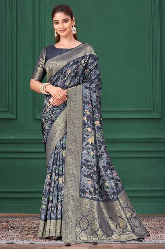 Blue tussar silk blend woven printed saree