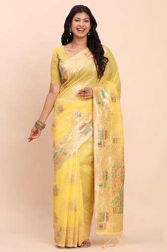 Yellow linen cotton woven saree
