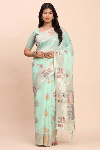 Sea green linen cotton woven saree