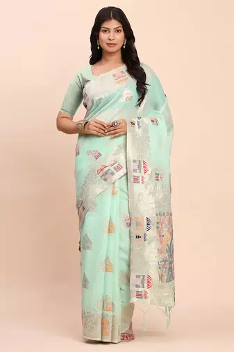 Sea green linen cotton woven saree