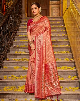 Peach faux banarasi silk blend zari woven saree 1